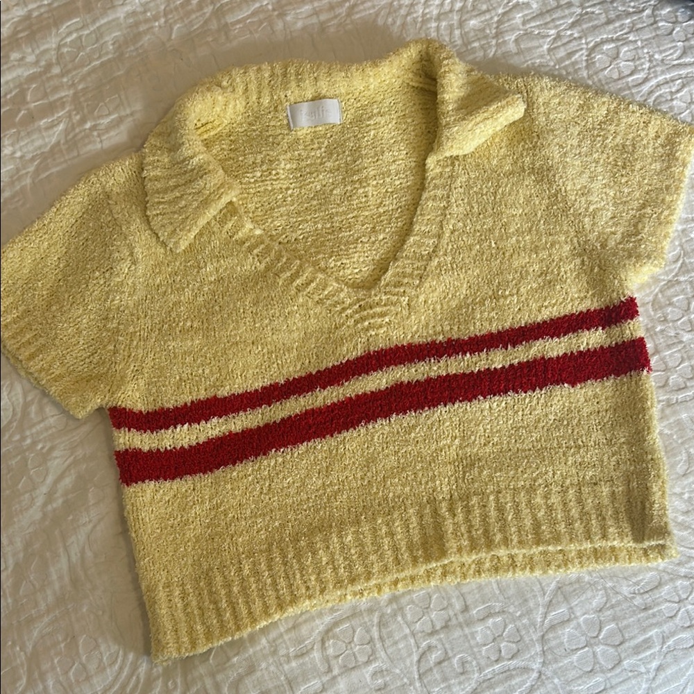 Yellow Knit Collared Sweater with Red Stripes from Isalis in New York City